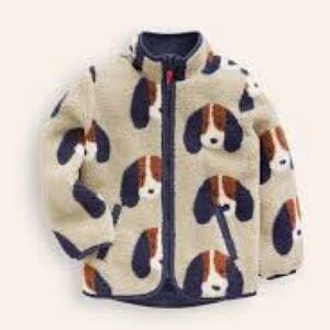 Mini Boden Cozy Borg fleece Sherpa zip up jacket oatmeal pups print